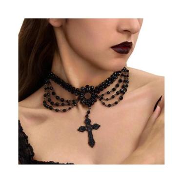 Imagem de Colar Choker Vintage Feminino Com Pérolas De Cristal Pretas E Grande P
