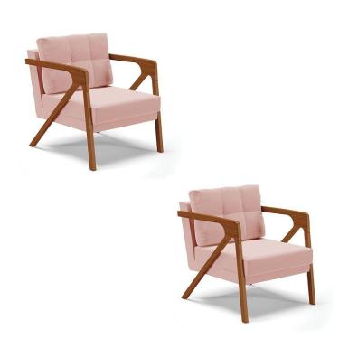 Imagem de Kit 02 Poltronas Veludo Base De Madeira Castanho Rose