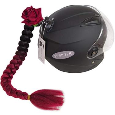 Imagem de 3T-SISTER Capacete tranças de capacete de rabo de cavalo com ventosa para moto 1 peça 61 cm Ombre preto a vinho tinto (capacete não incluído)