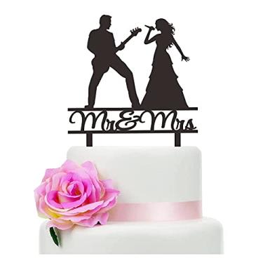 Imagem de TzTwodcaz Topo de Bolo de Casamento Mr and Mrs - Casal de Guitarrista e Cantor - Tema Musical Engraçado para Casamento/Aniversário/Chá de Noiva