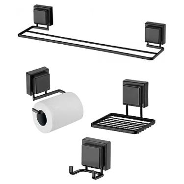 Imagem de kit lavabo banheiro preto fosco ventosa 04 peças Future toalheiro, papeleira, cabide, saboneteira