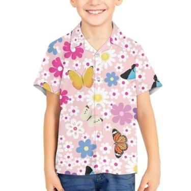 Imagem de Spowatriy Camisetas havaianas de manga curta unissex de verão para crianças, camisa social de botão, camisas Aloha 3-16T, Flor de borboleta, 13-14 Years