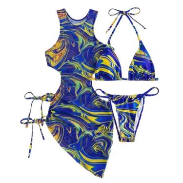 Imagem de SINLOOG Maiô feminino de 3 peças, conjunto de biquíni tie dye, recorte com cordão, malha, saída de praia, saia, parte inferior de biquíni de corte alto, Azul, G