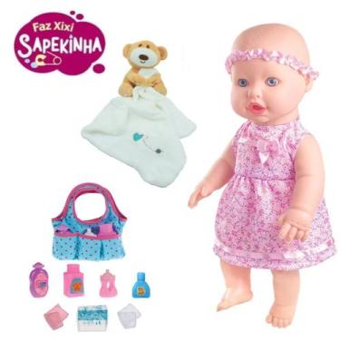 Imagem de Boneca Faz Xixi C/ Fralda e Naninha Pelúcia Urso e Bolsinha - Milk Bri