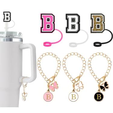 Imagem de (3 +3) Capa de canudo Nuozme compatível com copo Stanley Tumbler 3 peças de tampas de palha com 3 pingentes de borboleta inicial Nome ID para Stanley Copo de 30 e 1,134 g (capa de canudo de 3 letras,