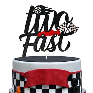 Imagem de Two Fast Cake Topper, Racing Theme 2nd Birthday Party Decorations Supplies for Kids Boys, Hot Wheels Racing Car Chequered Flag Sign (Doubled-sided Black Glitter)