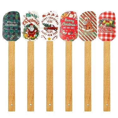Imagem de Espátula de silicone de Natal, 6 peças, espátula de bolo de Natal com cabo de madeira, bonecos de neve, panqueca, espátula, fofo, raspador, prato de Natal, espátulas de cozinha para misturar cozinhar assar (estilo chique)