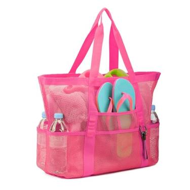 Imagem de TOPASION Sacolas grandes de praia de malha para brinquedos de areia, viagens em família, compras, compras reutilizáveis, Vermelho rosa, Large, Clássico