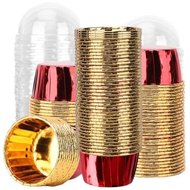 Imagem de EUSOAR Mini forros de muffin, 100 peças, copos descartáveis de ramequins de alumínio com tampas, recipientes de cupcake pequenos de alumínio, recipientes de cupcake para casamento, festa de