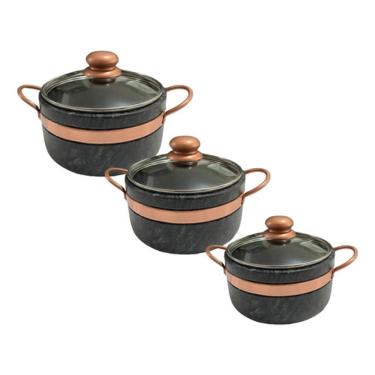 Imagem de Jogo de Panelas de Pedra Sabão Tampa de Vidro 1,5 , 2 e 3 Litros com Pegador Exclusivo