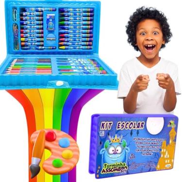 Imagem de Kit material escolar menina infantil papelaria feminino maleta de pintura fofa peças estojo rosa lapis canetinhas regua borracha apontador volta as aulas dia das crianças (Azul)