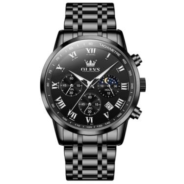 Imagem de OLEVS Relógio masculino de luxo, analógico, quartzo, à prova d'água, luminoso, aço inoxidável, data, dois tons, casual, relógio de pulso masculino, G5529-Todo preto, round, Relógio de luxo