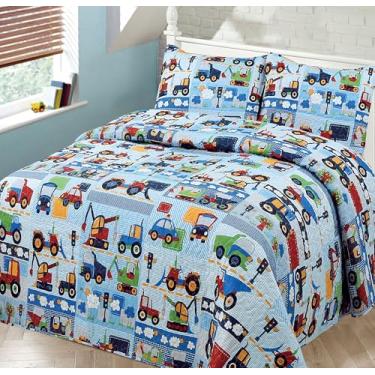 Imagem de Kids Zone Collection Conjunto de cama para crianças e adolescentes com estampa de carros e caminhões azul solteiro veículos