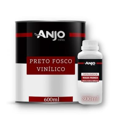 Imagem de Anjo Kit Preto Fosco Vinílico 900ml, Tinta 600ml + Catalisador 300ml, Alta Aderência para Metais Galvanizados, Alumínio e Superfícies Zincadas