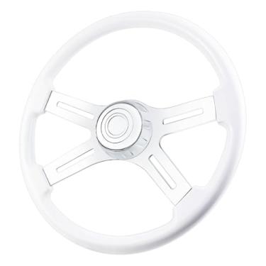 Imagem de QYMOPAY Volante De Caminhão De Laqueação De Madeira Maciça De 18" Com 4 Raios, Volante Cromado De Alumínio Para Semirreboques, Caminhões Para Kenworth, Peterbilt, Volvo, Freightliner (Branco)