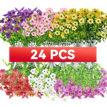 Imagem de 24 pacotes de flores artificiais para decoração ao ar livre, flores violetas artificiais resistentes a UV com folhas de eucalipto, para varanda externa, quintal, decoração de pátio (24, várias cores)