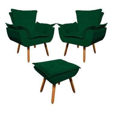 Imagem de Kit 2 Poltrona+puff Opala Cadeira Retro Suede Verde - King Lar