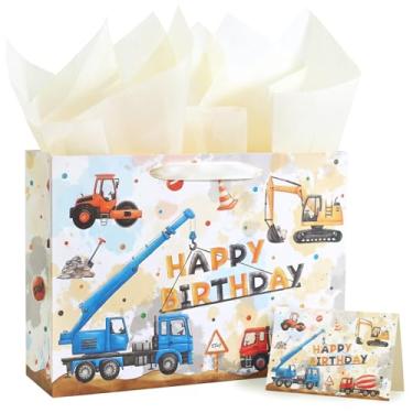 Imagem de WERNNASI Bolsa de presente de aniversário de caminhão de construção grande de 33 cm – Sacos de presente de veículos de engenharia com papel de seda e cartão comemorativo para meninos, festa de
