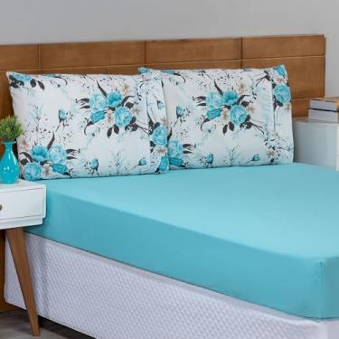 Imagem de Jogo de Lençol 3 Pçs Cama Casal ou Queen Percal 150 Fios 100% Algodão Estampado com Elástico Vermelho ou Azul (Azul, Casal Padrão)