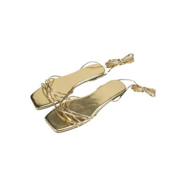 Imagem de GORGLITTER Sandálias rasteiras femininas douradas 2025 elegantes com cadarço e cadarço metálico, Dourado, 35