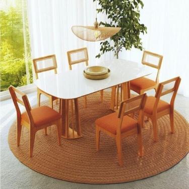 Imagem de Conjunto de Mesa Oval com 6 Cadeiras 100% Mdf com Encosto Telado Bolonha Madeirado/Terracota/Off White