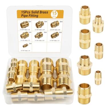 Imagem de Kit de encaixe de tubo de latão 15 peças, NPT latão hexagonal conjunto adaptador macho para macho – 1/20.3 cm, 1/10.2 cm, 3/20.3 cm, 1/5.1 cm tamanhos para encanamento, compressor de ar e uso