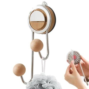 Imagem de Gancho de bola dupla com ventosa a vácuo resistente - Gancho multiuso reutilizável para bucha, roupão, toalha, banheiro e cozinha (madeira natural)