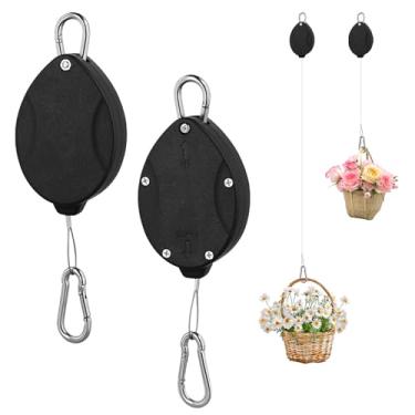 Imagem de 2 peças de cabide retrátil de atualização, polias de plantas estilo mosquetão para pendurar plantas para levantar e puxar para baixo, gancho de teto ajustável resistente para vasos de flores de jardim