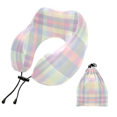Imagem de CEBUGI Travesseiros de viagem portáteis em forma de U, travesseiro de pescoço de espuma viscoelástica com trava de corda ajustável para avião, viagem, trem, negócios, escritório, cochilo (tabuleiro de