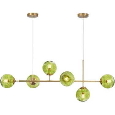 Imagem de Luminária pendente de vidro verde com 6 elementos, ideal para ilha de cozinha em estilo moderno de meados do século XX, com design de globo Sputnik e acabamento em dourado escovado. Perfeita