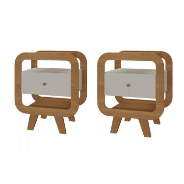Imagem de Conjunto Mesas de Cabeceira Theo 2 Gavetas com Porta Usb e C Cinamomo/Off White - Pnr Móveis