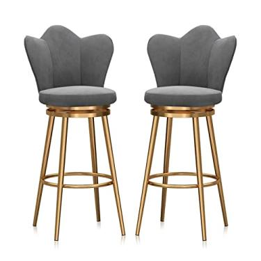 Imagem de Conjunto de 2 bancos de bar giratórios acolchoados de veludo com pernas de metal dourado, bancos de bar modernos de meados do século, encosto baixo para cozinha, ilha, casa, pub, cadeiras de café da