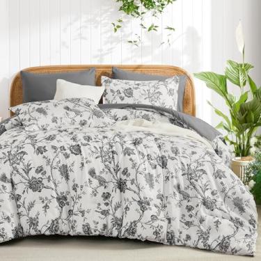 Imagem de Luxudecor Conjunto de edredom floral, tamanho king, 7 peças, flor cinza escuro com cama de pássaro em uma bolsa, edredom macio reversível com jogo de cama 264 x 228 cm