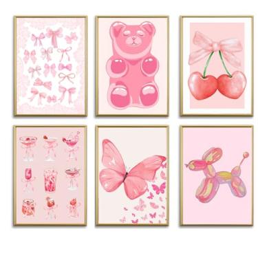 Imagem de WINDVALE Cartazes rosa preppy, borboleta com laço fofo, decoração artística para quarto pré-escolar estético, decoração moderna para dormitório de meninas, arte elegante para casa, sala de estar