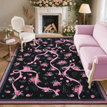 Imagem de GarveeHome Tapetes Coquette rosa para quarto de meninas, tapetes de área de 12 x 18 cm para sala de estar com pelo baixo macio, tapete lavável com laço floral antiderrapante, 12 x 18 cm, para berçário