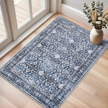 Imagem de Tapete vintage 2х3, suporte antiderrapante, lavável, resistente a manchas, supermacio, envelhecido, tapete persa, ideal para áreas de alto tráfego no quarto, sala de estar, entrada, azul