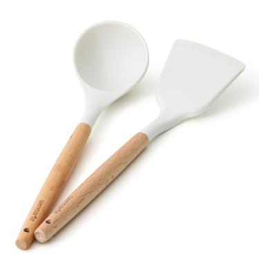 Imagem de SENSARTE Utensílios de cozinha de 2 peças, utensílios de cozinha de silicone antiaderentes, espátula de silicone e concha com cabo de madeira