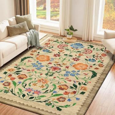 Imagem de Tapete lavável, tapetes de área de 10 x 15 cm para sala de estar, tapete floral para quarto, macio boho antiderrapante com parte traseira de borracha, tapete floral vintage resistente a manchas de