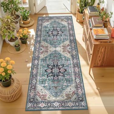 Imagem de Enkor Tapetes de corredor para corredor, tapetes antiderrapantes macios laváveis 2x6 para cozinha, tapete moderno para sala de estar, quarto, entrada, roxo e verde