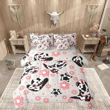 Imagem de Feelyou Conjunto de edredom solteiro ocidental com 7 peças, caubói ocidental, floral, caubói ocidental, para decoração de quarto com flor e cacto do oeste, cinza, rosa, macio e leve