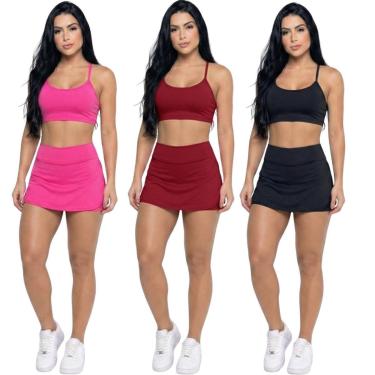 Imagem de KIT 3 Conjunto Top Alça Fina E Short Saia Vekyo Roupa Para Academia Treino Moda Fitness Musculação-Feminino