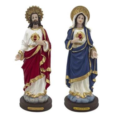 Imagem de Kit Imagem Sagrado Coração de Jesus e Maria Resina 23 cm - Amém Decora