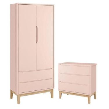 Imagem de Guarda Roupa Infantil 2 Portas e Cômoda Gaveteiro New Classic Rosa com