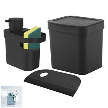 Imagem de Kit Lixeira 2,5l Dispenser Porta Detergente Esponja Rodo Compacto Pia Cozinha - Ou - Preto