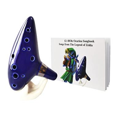 Imagem de Legend of Zelda Ocarina of Time, 12 furos Ocarina Alto C com livro de músicas, suporte de exibição, bolsa protetora, cordão, azul