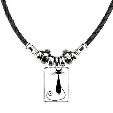 Imagem de DIYthinker Colar de Halloween com contorno de arte de animal preto para amantes de gatos joia com pingente de corda de couro