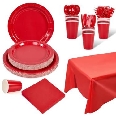 Imagem de Ottin 169 peças, pratos e guardanapos de papel vermelho rubi, suprimentos de festa, colheres de plástico, facas, copos, garfos, toalha de mesa, decoração descartável para aniversário, casamento