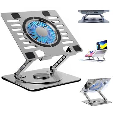 Imagem de Suporte para Notebook Alumínio Articulado 360° com Cooler Refrigeração, Dobrável Retrátil, Ergonômico, Portátil, Antiderrapante – Compatível com 10” a 17”