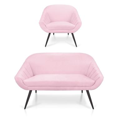 Imagem de Kit 01 Namoradeira 02 Lugares e 01 Poltrona Giovana Suede Rosa Bebê de Ferro