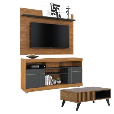 Imagem de Rack Bancada Yara E Painel Para Tv Suspenso Maia Com Mesa De Centro Jeri Noce Milano Preto Acetinado
